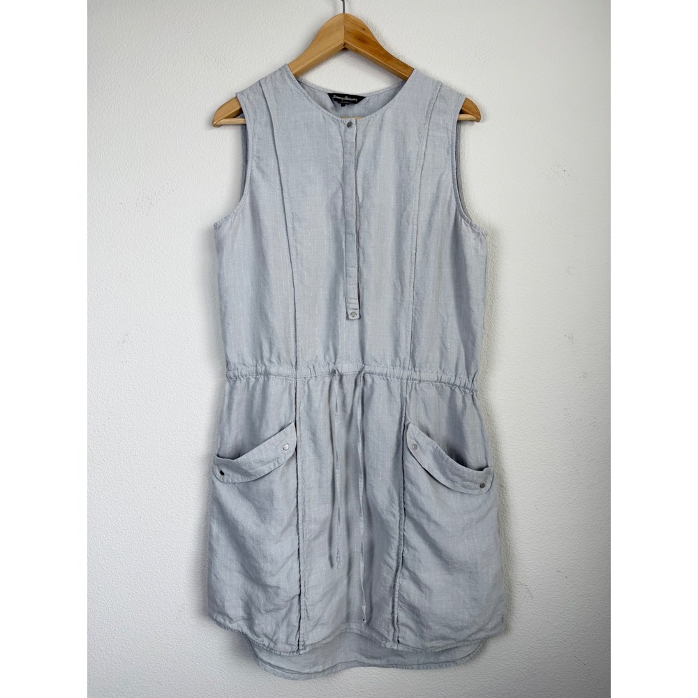 Tommy Bahama Womens Linen Dress L Gray Metallic Stripe Utility Coastal Pocket